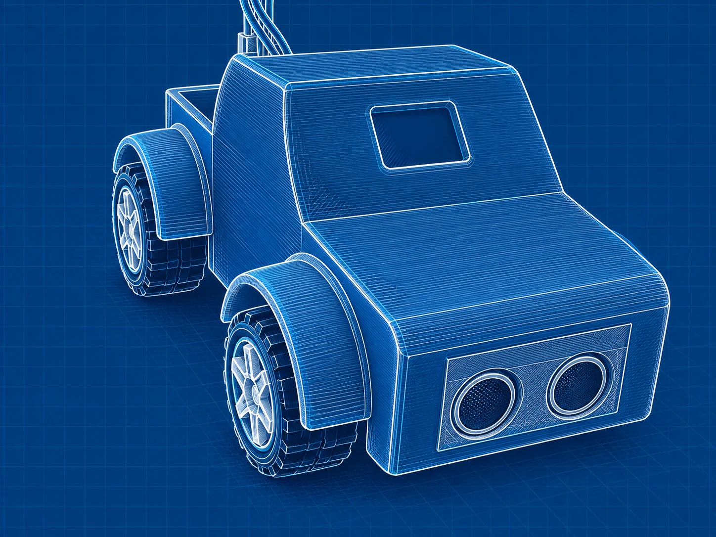 Rover32 robot concept showing its four wheels, front sensors, display, and pickup-shaped body.