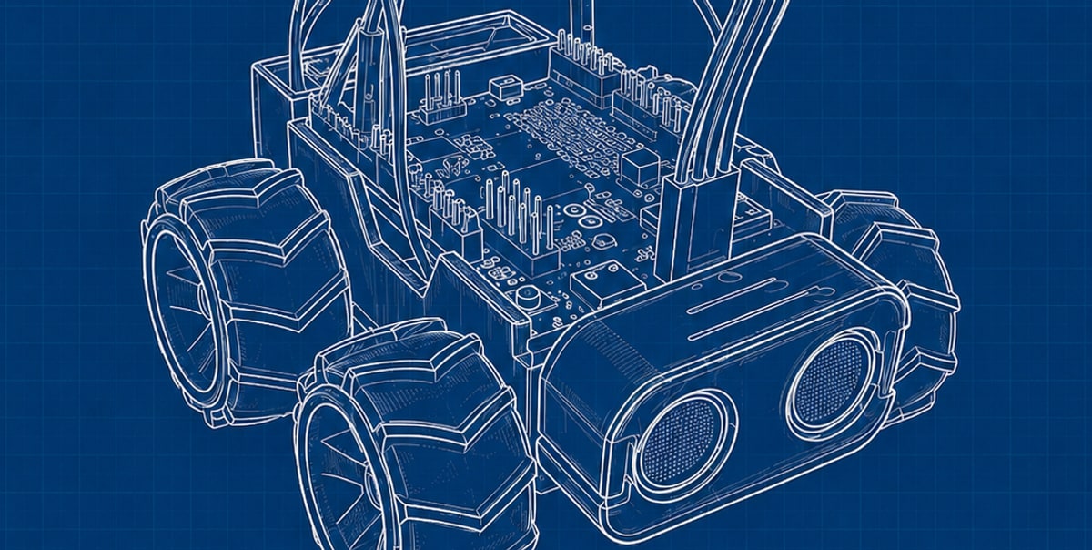 Blueprint-style drawing of the RoverQ robot