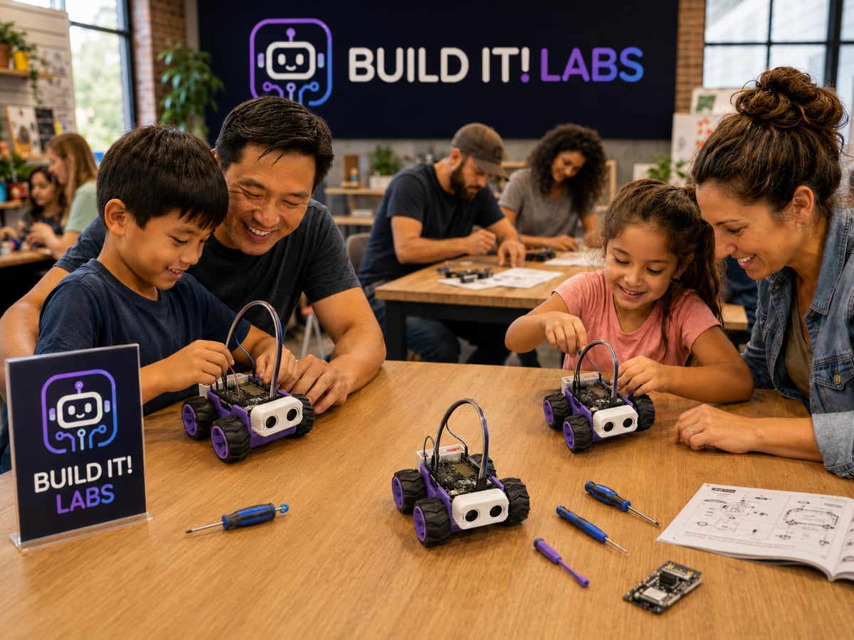 Families building RoverQ robots together at a Build It Labs community event